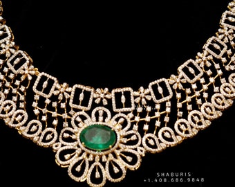 Diamant Halskette, reine Silber polki Choker indische Halskette, Maang Tikka sabyasachi Schmuck inspiriert Shaburis