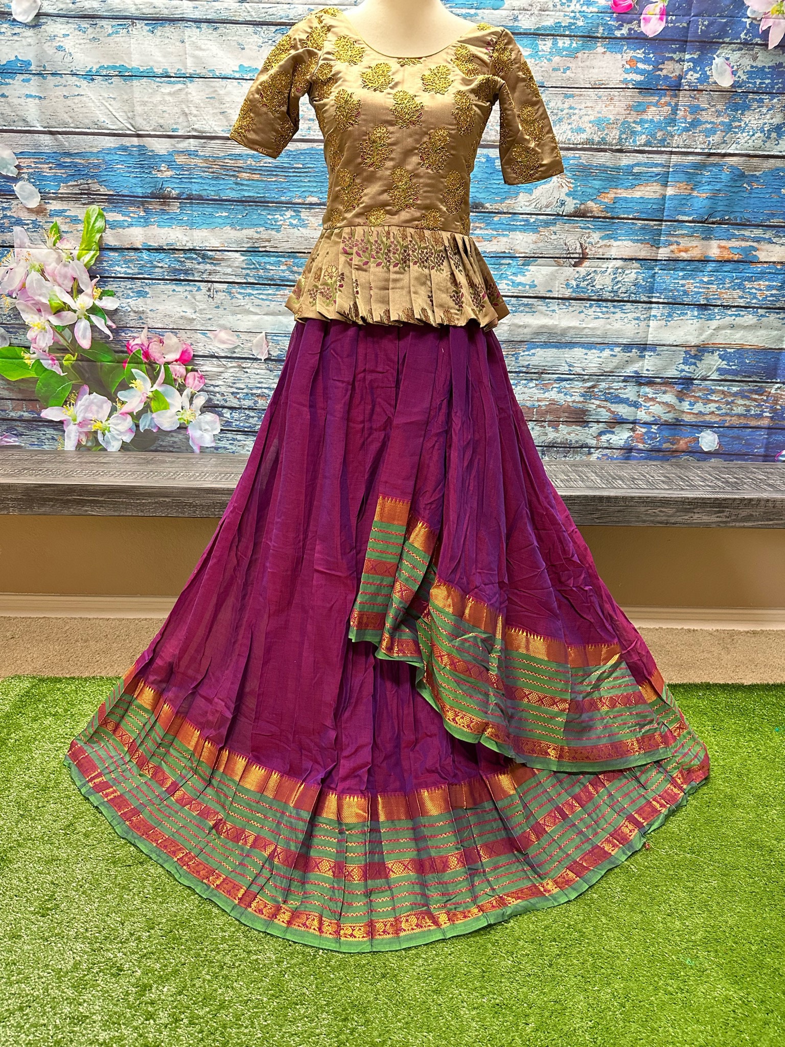 Babyhug  Short Sleeve Pattu Pavada  Choli Lehenga Set with Gold Foil Print - Maroon main image 1