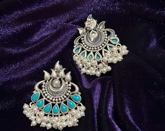 Silber Ohrringe / Guttapusalu Ohrringe / Indischer Schmuck / Pakistanischer Schmuck / Bollywood Ohrringe / Lange Kundan Ohrringe mit Sahare / Sabyasachi