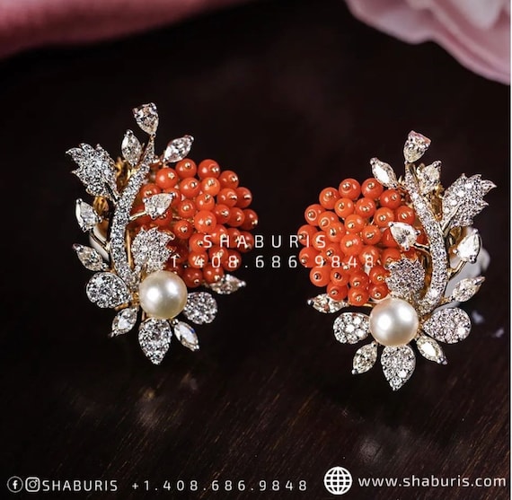 Coral Studs Diamond Earrings Pure Silver Jewelry Indian Wedding Jewelry Indian Bridal Jewelry Cocktail Jewelry 925 Silver Jewelr shaburis Etsy