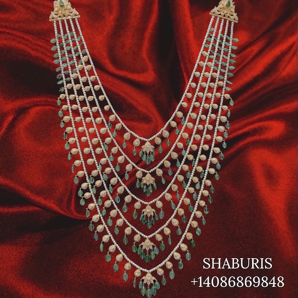 Panch lada pearl haram jades gem jewelry south indian hyderabadi jewelry pure silver sabyasachi jewelry inspired -SHABURIS