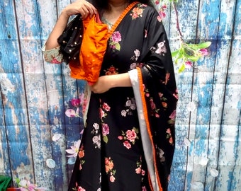 Cocktail Bluse schwarz sari indische Saree Bluse Maggam Arbeitsbluse Designer orange Bluse Crêpe sari Designer sari - HoneyBee Handlooms