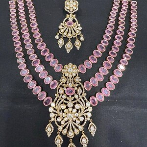 Bridal jewelry silver jewelry 925 silver necklace south indian jewelry pink rubies necklace diamond necklace statement bollywood-SHABURIS image 1