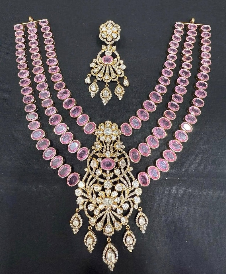 Bridal jewelry silver jewelry 925 silver necklace south indian jewelry pink rubies necklace diamond necklace statement bollywood-SHABURIS image 1