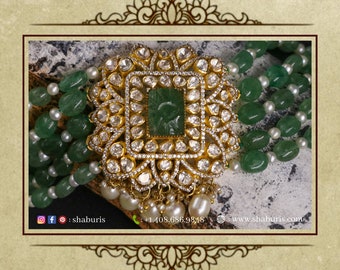 Emerald Polki Necklace Swarovski Diamond Pendant Emerald Gem Stone Silver Jewelry Statement Jewelry Indian Jewelry Designs - SHABURIS
