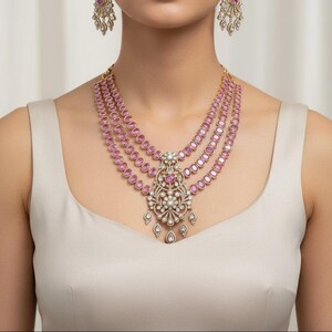 Bridal jewelry silver jewelry 925 silver necklace south indian jewelry pink rubies necklace diamond necklace statement bollywood-SHABURIS image 2