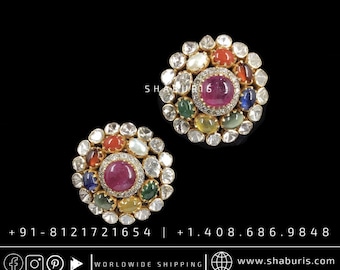 Navaratan studs navaratan earrings rubies emeralds bridal diamond necklace indian jewelry designs silver jewelry wedding jewelry - SHABURIS