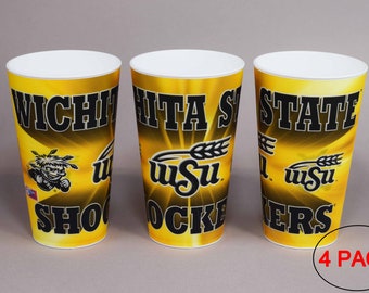 May include: A four-pack of yellow and black plastic cups with the Wichita State Shockers logo and the text "Wichita State Shockers" and "wSu".