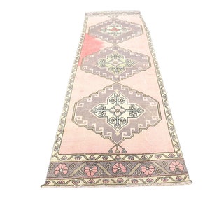 Pale Pink Over Dyed Runner, Hallway Wool Carpet, Turkish Decorative Rug, Hand Knotted Faded Rug, Traditional Rug, Vintage Distressed Rug