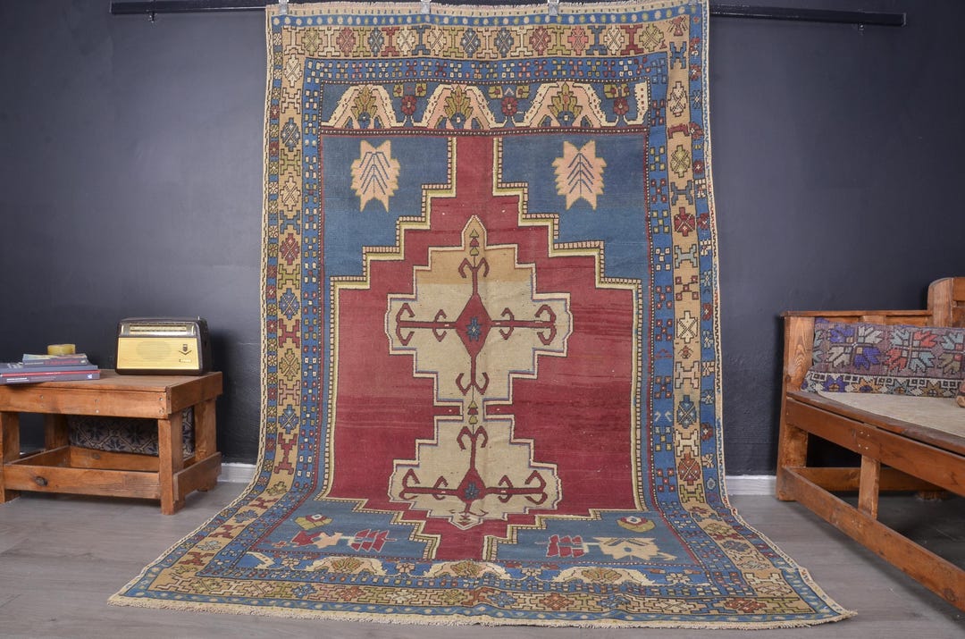 Blue and Red Color Area Rug, Vintage Handmade Rug, Traditional Turkish ...