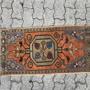 Turkish Door Mat, Vintage Small Rug, Faded Oushak Rug, Decorative Rug, Door Mat Rug, Orange Small Rug, Faded Mat Rug, Doormat 2x3 ft, 724