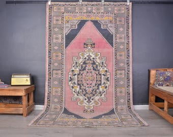 Pink Turkish Wool Rug, Vintage Oushak, Handmade 8.1 x 4.7 ft