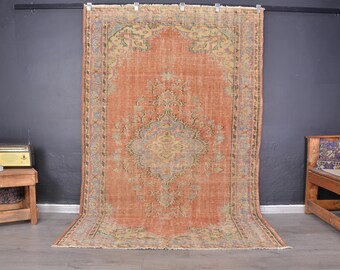 5x8 ft Vintage Wool Turkish Rug, Orange Anatolian Area Rug