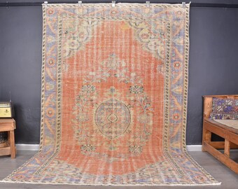 Faded Orange Wool Turkish Rug, Vintage Handmade Area Carpet (8.9 x 5.7 ft)