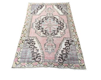 Pink Faded Rug, Turkish Wool Rug, 4x7 ft, Oushak Rug, Floral Rug, Boho Design Rug, Vintage Rug, Decorative Rug, Antique Rug, 7 ft Turkey Rug
