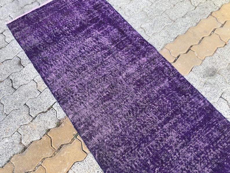 Purple Runner Rug, Overdyed Turkish Rug, 10.2 X 2.3 Feet, Handmade Wool