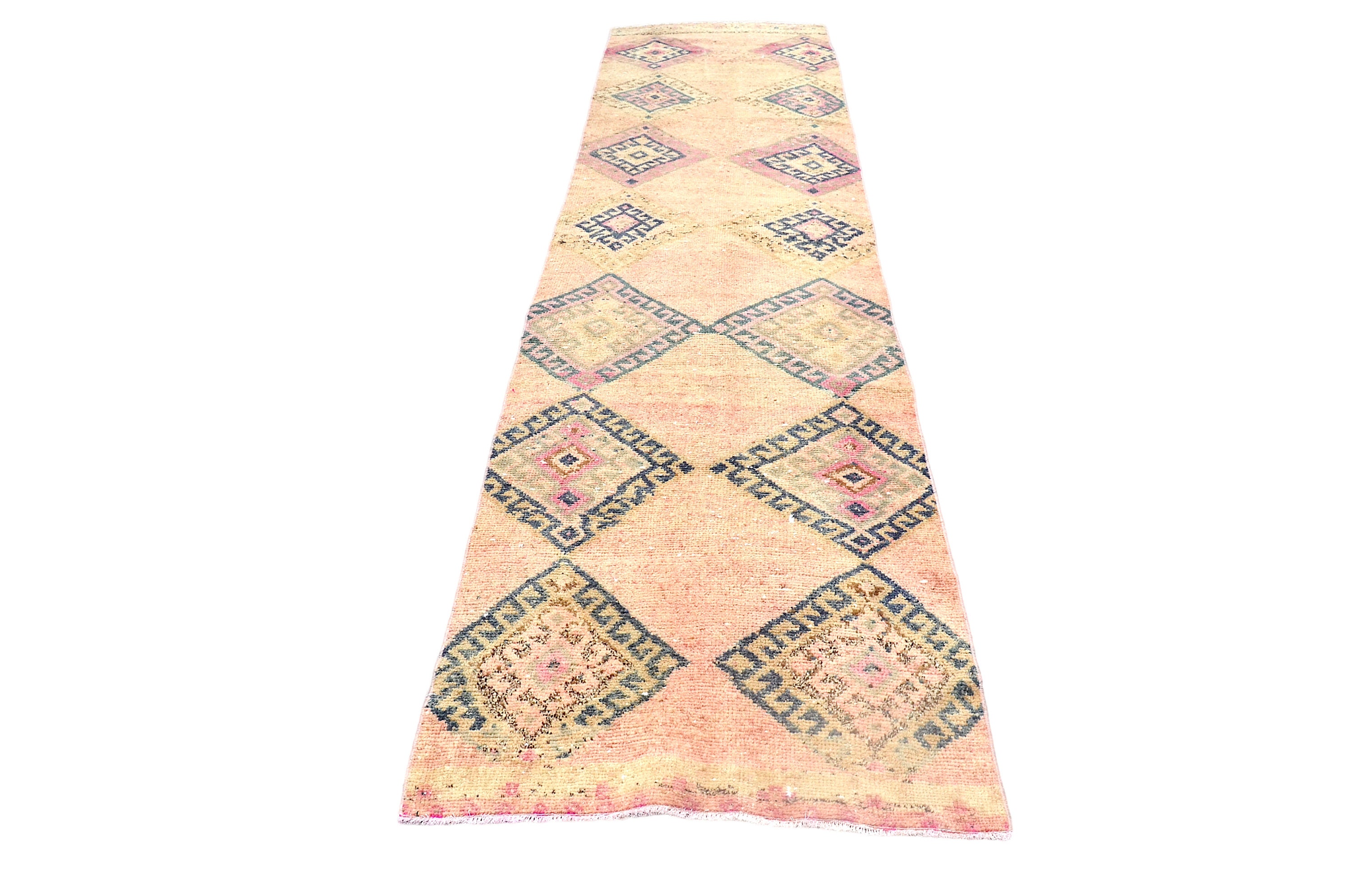 3x12 Anatolian Runner, Orange Wool Geometric Design Runner, Turkish Runner, Handmade Hallway Runner, Oushak Runner, 3x12 Vintage Faded Rug