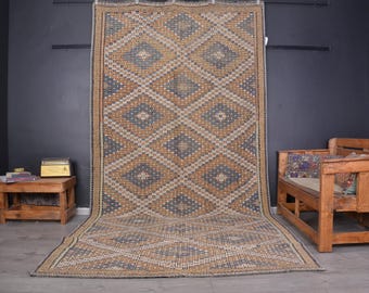 Vintage Turkish Kilim Rug 6x12, Handmade Wool Anatolian Carpet