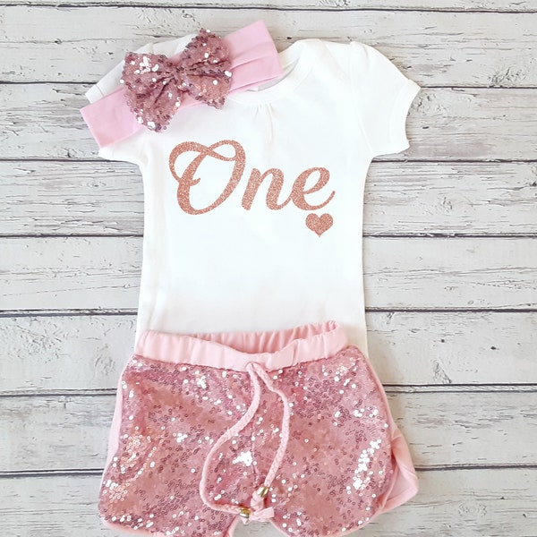 1st Birthday Outfit With Shorts Baby Girl, Rose Gold Pink Glitter First Birthday Sequin Shorts Set, Shirt For One Year Old 1, Cake Smash