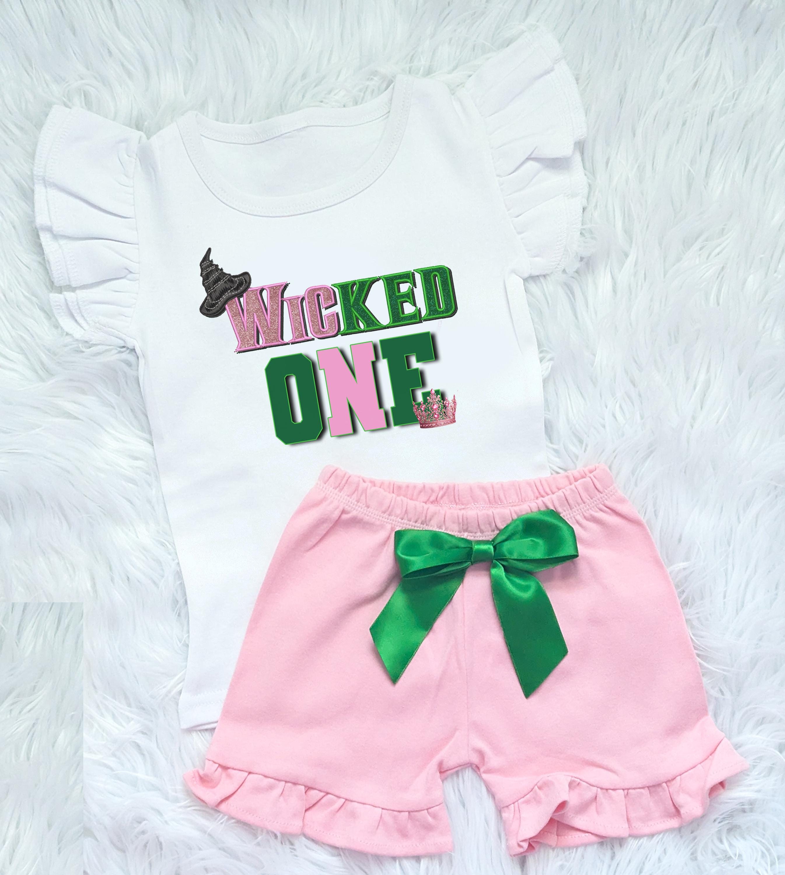 Wicked One 1st Birthday Outfit: Pink & Green Ruffle Shorts Set