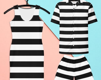 Halloween Couple Costume, Matching Couples Outfits, Women and Men Doll Outfits, Black and White Striped Dresses, Shirts, Shorts Adults