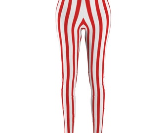 Red White Striped Leggings, Red Stripe Leggings, Stretch Pants