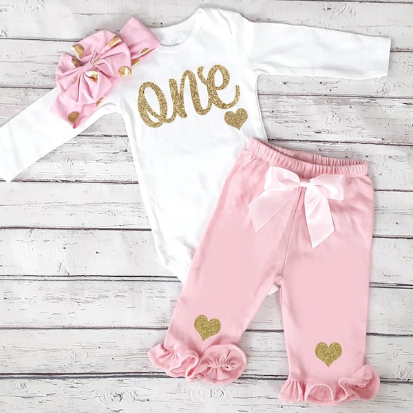 1st Birthday Girl Outfit Winter, Pink and Gold First Birthday Girl Long Sleeve Outfit, One Year Old Girl Birthday Outfit, 1 Year Old Set