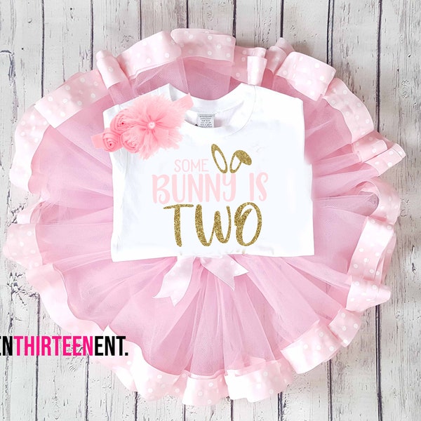 Some Bunny Is Two 2nd Birthday Outfit Baby Girl - Easter Bunny Pink and Gold Glitter Second Birthday Girl Party Tutu Outfit - Two Year Old 2