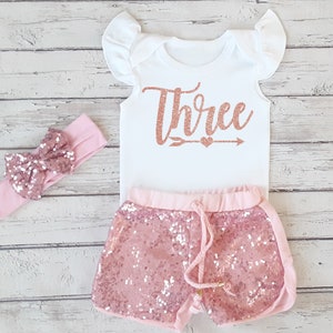 Rose Gold 3rd Birthday Outfit With Shorts Toddler Girl - Pink Glitter Third Birthday Sequin Shorts Set - Shirt Tank For Three Year Old 3