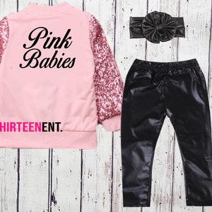 ElevenThirteenENT Pink Babies Jacket Birthday Outfit for Toddler Girls - Sequin Greaser Pink Lady Jacket Pants Headband Costume - Halloween Cosplay