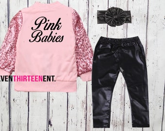 Pink Babies Jacket Birthday Outfit For Toddler Girls - Sequin Greaser Pink Lady Jacket Pants Headband Costume - Halloween Cosplay