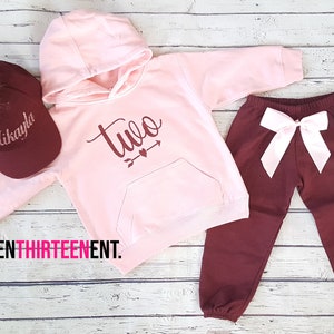 2 Year Old Birthday Girl Outfit -  Pink and Maroon Glitter Birthday Jogging Suit Hoodie Outfit For Cold Weather With Hat - December Birthday