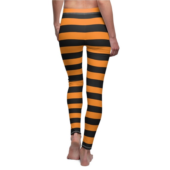 Black and Orange Halloween Leggings, Striped Leggings for