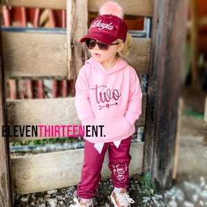 Two Year Old Birthday Outfit Girl Pants -  Pink Maroon Glitter Birthday Jogging Suit Hoodie Outfit For Cold Weather - December Birthday