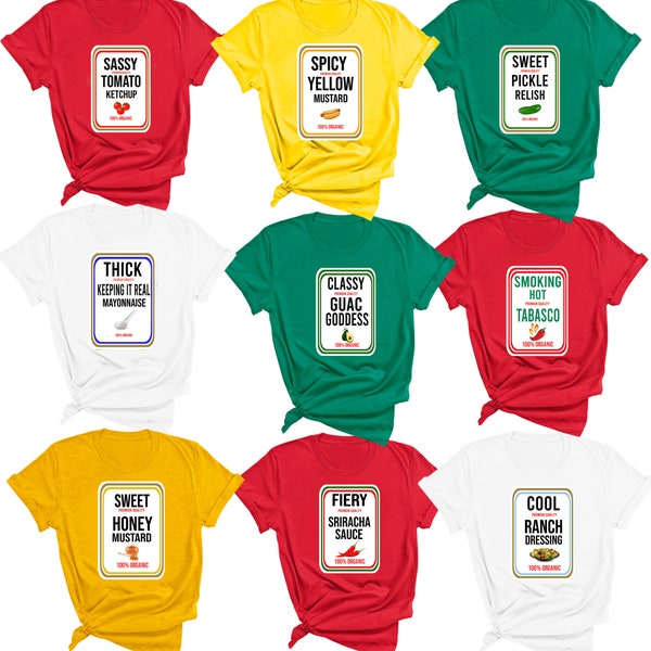 T-shirt pour déguisement de groupe - Déguisements relish ketchup moutarde - T-shirts avec condiments pour femmes, hommes et jeunes - T-shirts avec condiments assortis - Ensemble de déguisements