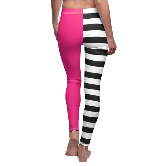 Hot Pink Black White Striped Leggings, Yoga Leggings, Work Out