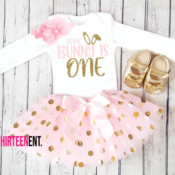 Some Bunny Is One 1st Birthday Tutu Outfit Baby Girl Long Sleeve - Pink and Gold Glitter First Birthday Shirt - For One Year Old 1