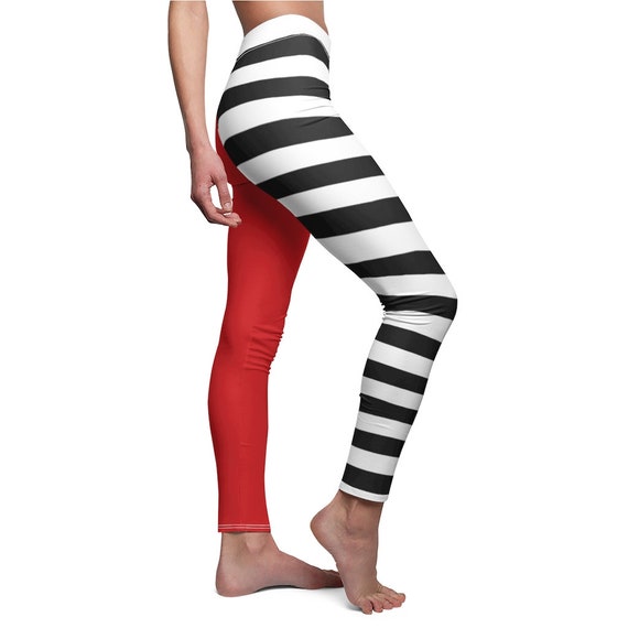 Red Black White Striped Leggings, Cruella Halloween Leggings, Yoga