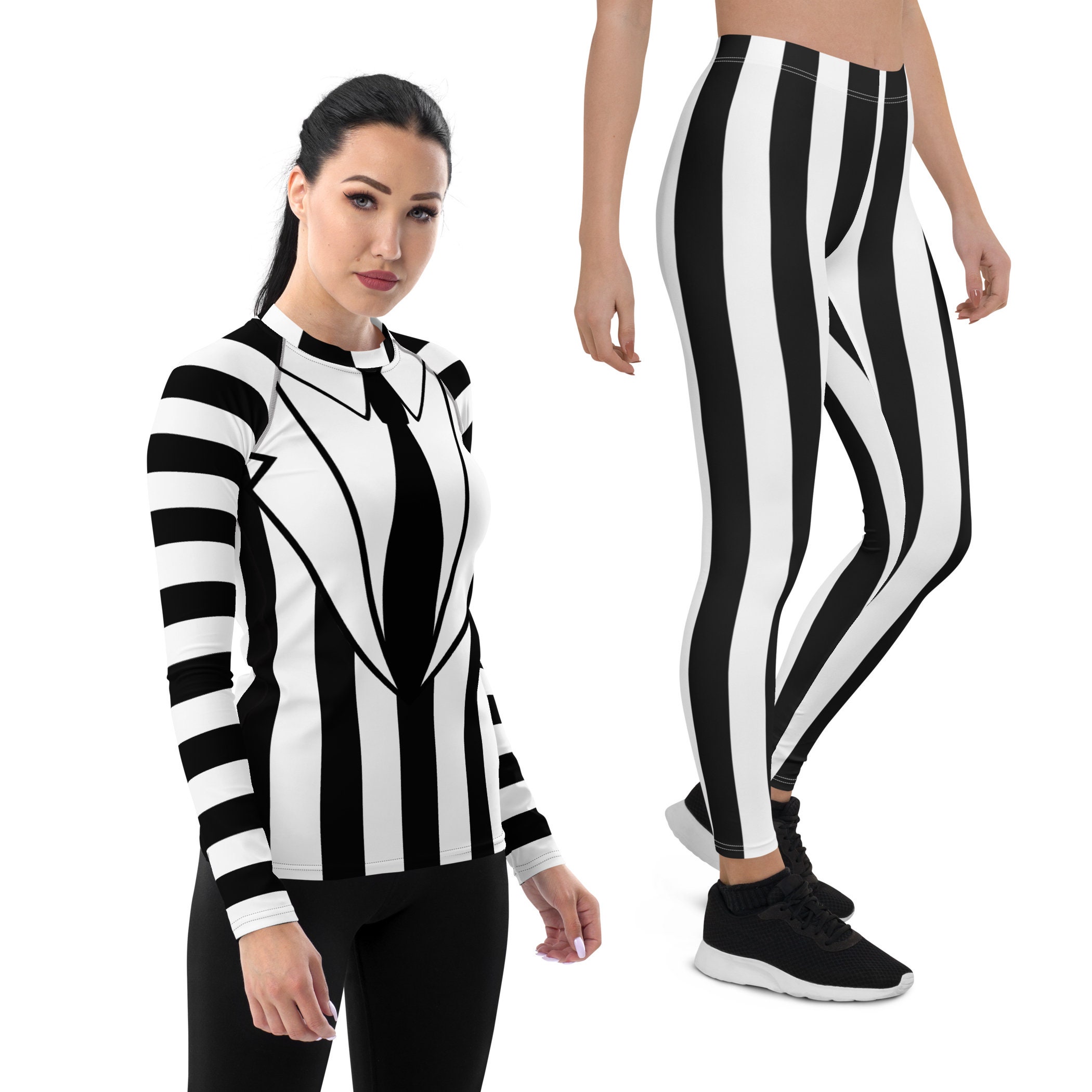 Ghost Beetle Halloween Kostüm für Erwachsene, Schwarz Weiß Gestreiftes Tuxedo Outfit, Run Outfit, Schwarz & Weiß gestreifte Leggings, Shirt, Frauenkostüme