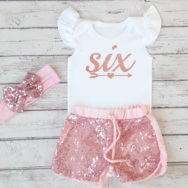 Pink 6th Birthday Outfit With Shorts Toddler Girl - Rose Gold Pink Glitter Sixth Birthday Party Sequin Shorts Set - Shirt For Six Year Old 6