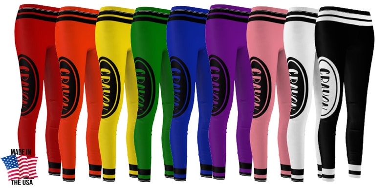 Crayon Leggings, Crayon Costumes For Teens and Women, Group Halloween Costume, Red Green Orange Yellow Pink Black Crayon Leggings XS to 2XL 