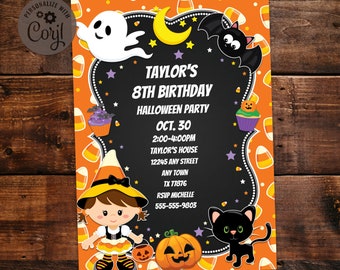 Edit wording yourself via Corjl Editable Halloween Cat Birthday Invitation 5x7 invite Printable digital file