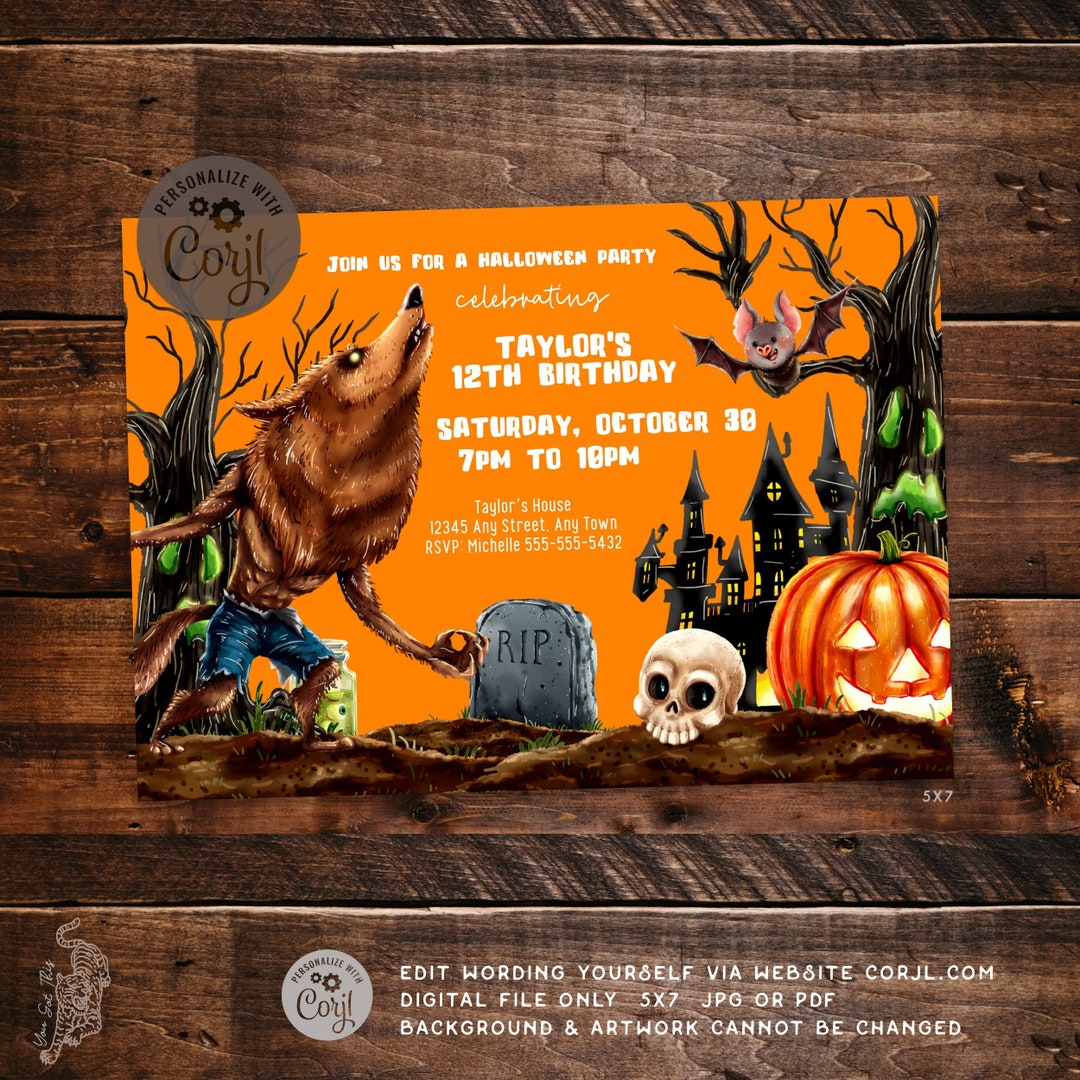 Editable Werewolf Halloween Birthday Invitation 5x7 Edit Wording Editable Werewolf Halloween Birthday Invitation 5x7 Edit Wording