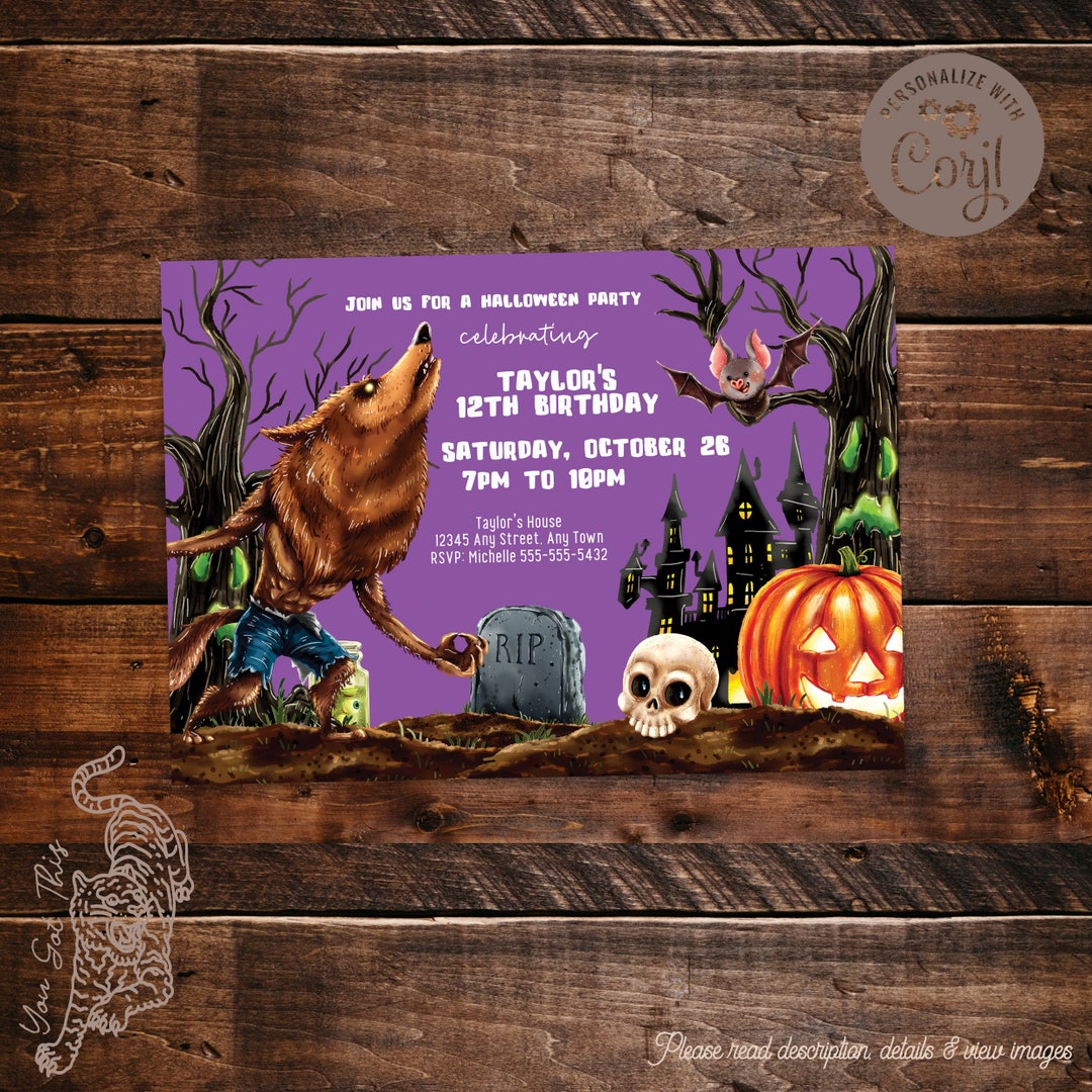 Editable Werewolf Halloween Birthday Invitation 5x7 Invite Edit Editable Werewolf Halloween Birthday Invitation 5x7 Invite Edit