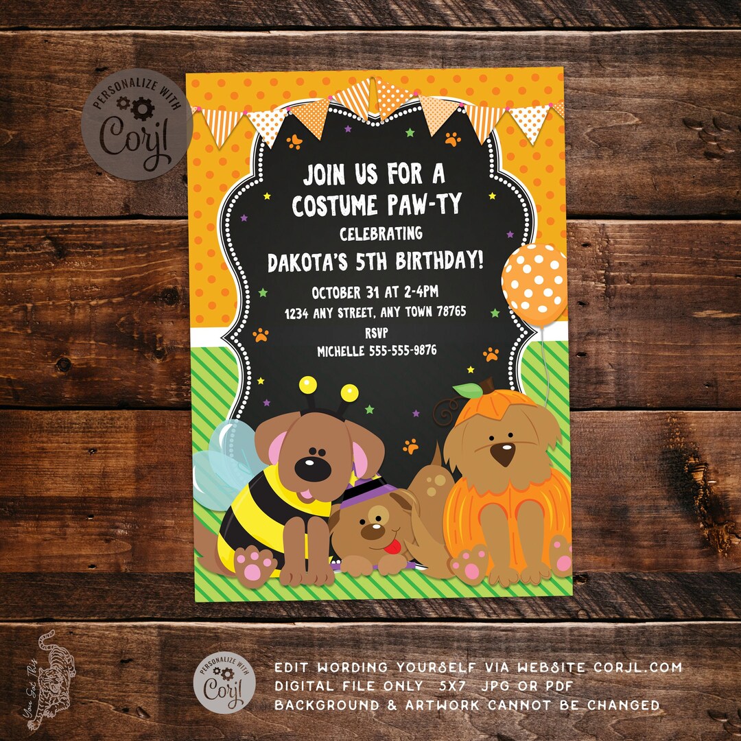 Editable Halloween Dog Birthday Costume Pawty Invitation 5x7 Etsy
