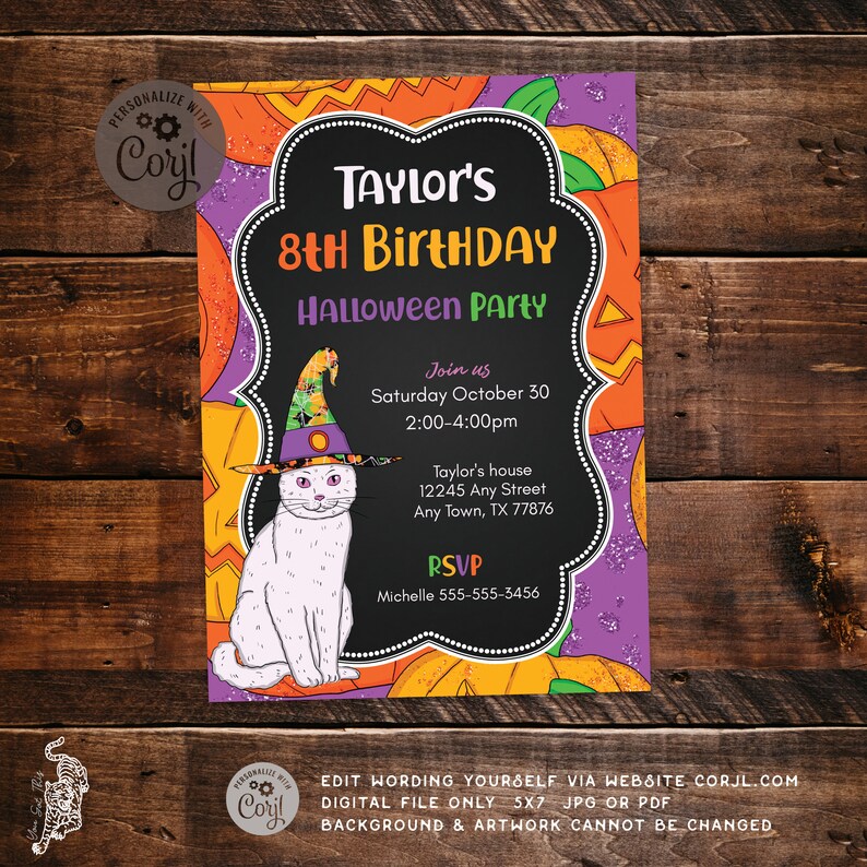 Edit wording yourself via Corjl Editable Halloween Cat Birthday Invitation 5x7 invite Printable digital file
