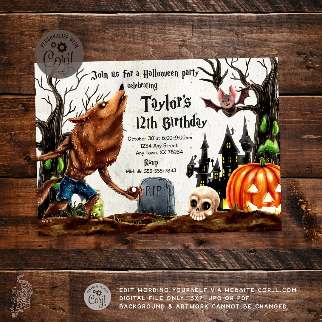 Editable Werewolf Halloween Birthday Party Invitation 5x7 Etsy