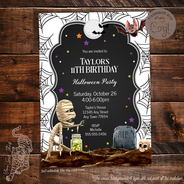 Editable Mummy Halloween Birthday Costume Party Invitation, 5x7 invite, Edit wording yourself via Corjl, Printable digital file