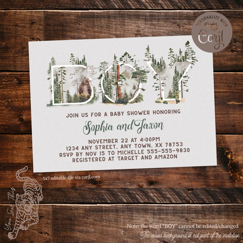 Editable woodland themed Baby Boy Shower Invitation 5x7 Edit Etsy