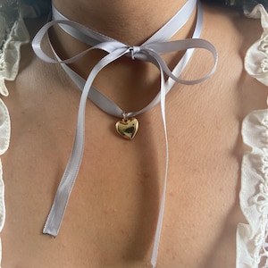 Cherie Ribbon Necklace | Coquette Collection | Silver Heart Charm LDR Ribbon Bow Pendant